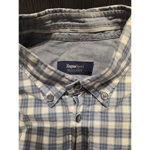 Zegna Sport Mens Blue White‎ Plaid Regular Fit Cotton Button Down Shirt Large L